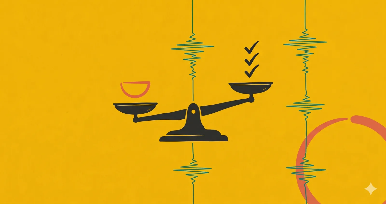 Editorial illustration: responsible AI as an analytical balance — Google I/O 2026